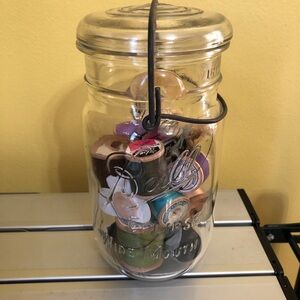 vintage Ball Eclipse wide mouth wire bail pint jar with sewing notions inside